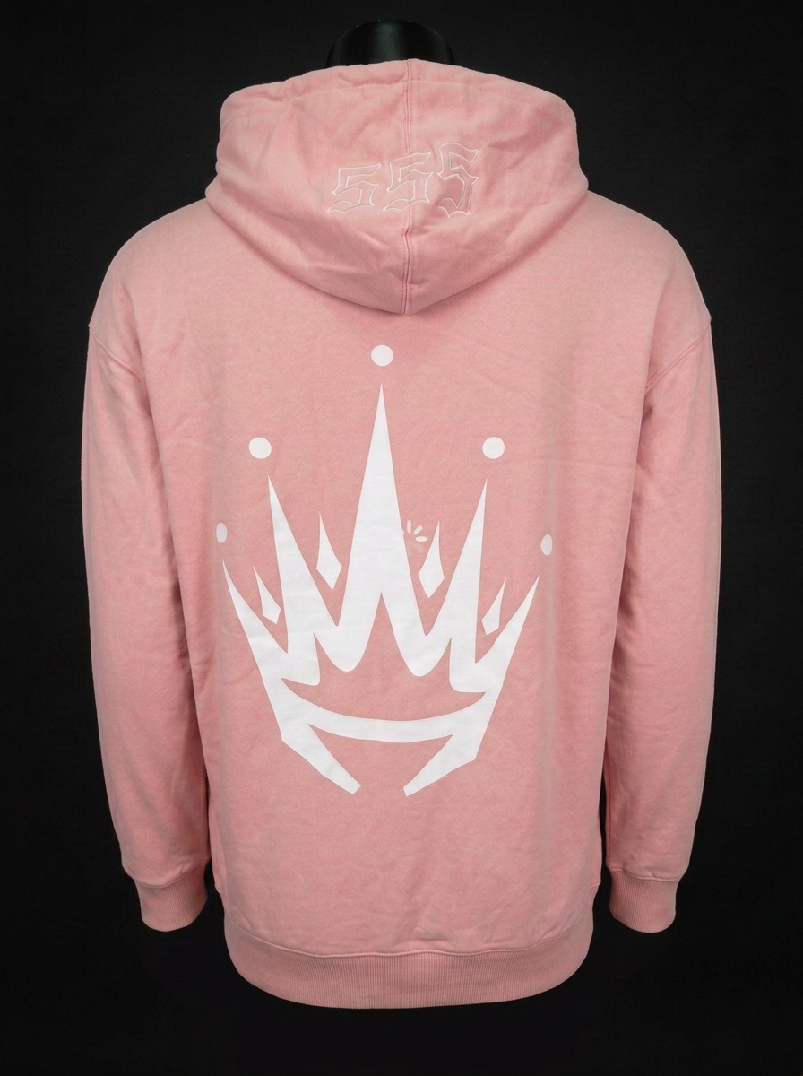Back view of a dusty pink MEDiii hoodie with a large white crown print and 555 embroidery on the hood
