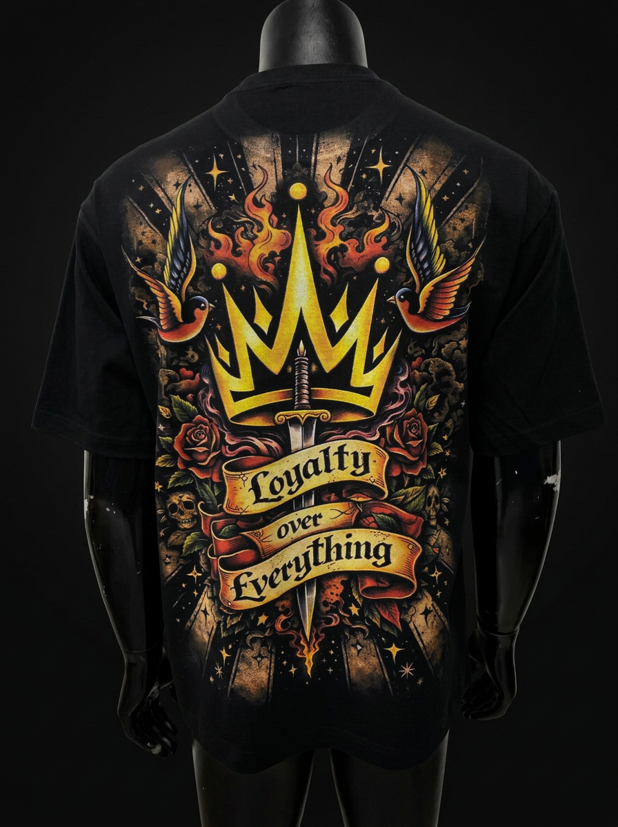 Back view of a black MEDiii tee with a crown, sword, roses and Loyalty Over Everything banner artwork