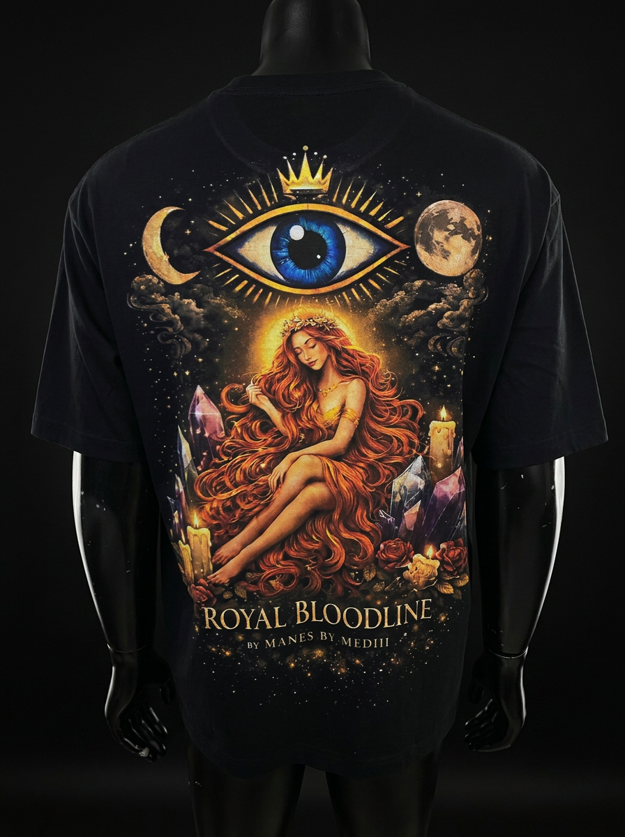 Back view of a black MEDiii tee with the Royal Bloodline artwork by Manes by MEDiii