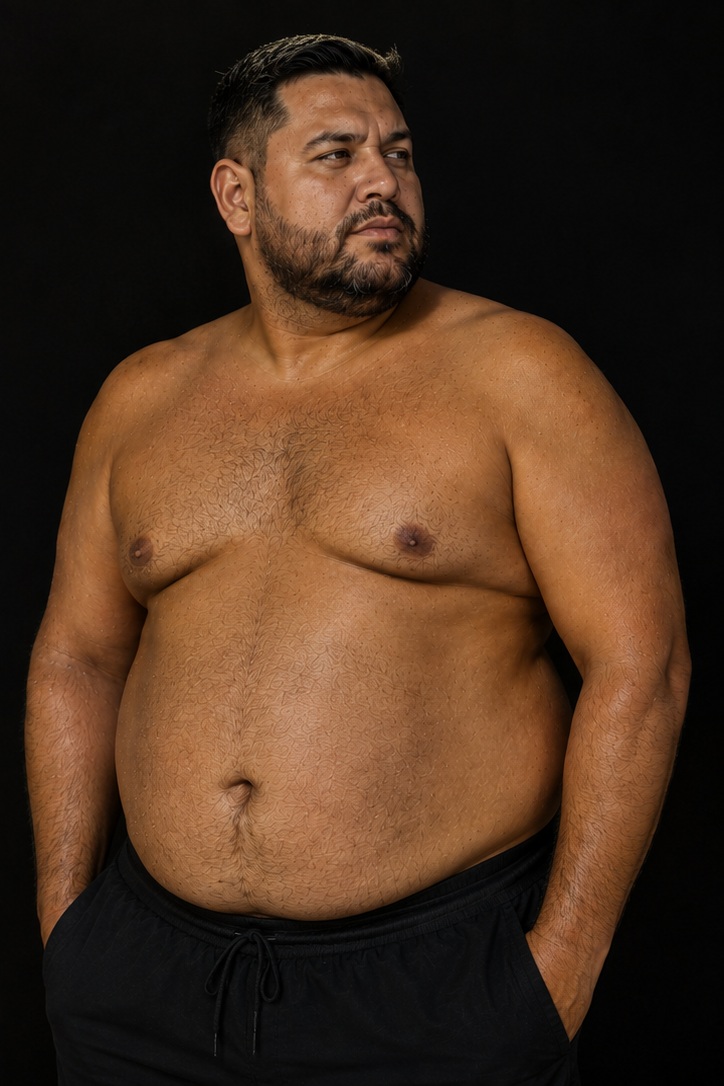 The same man, same body, photographed with his natural complexion and with his customized MEDiiiTANS spray tan
