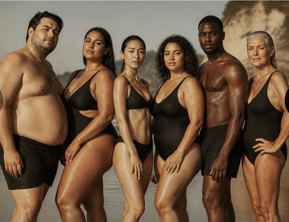 Six adults of different ages, sizes, genders and complexions standing together on the shore in black swimwear