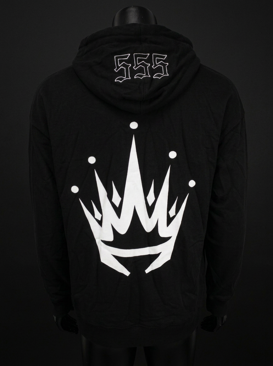 Back view of a black MEDiii hoodie with a large white crown print and 555 embroidery on the hood