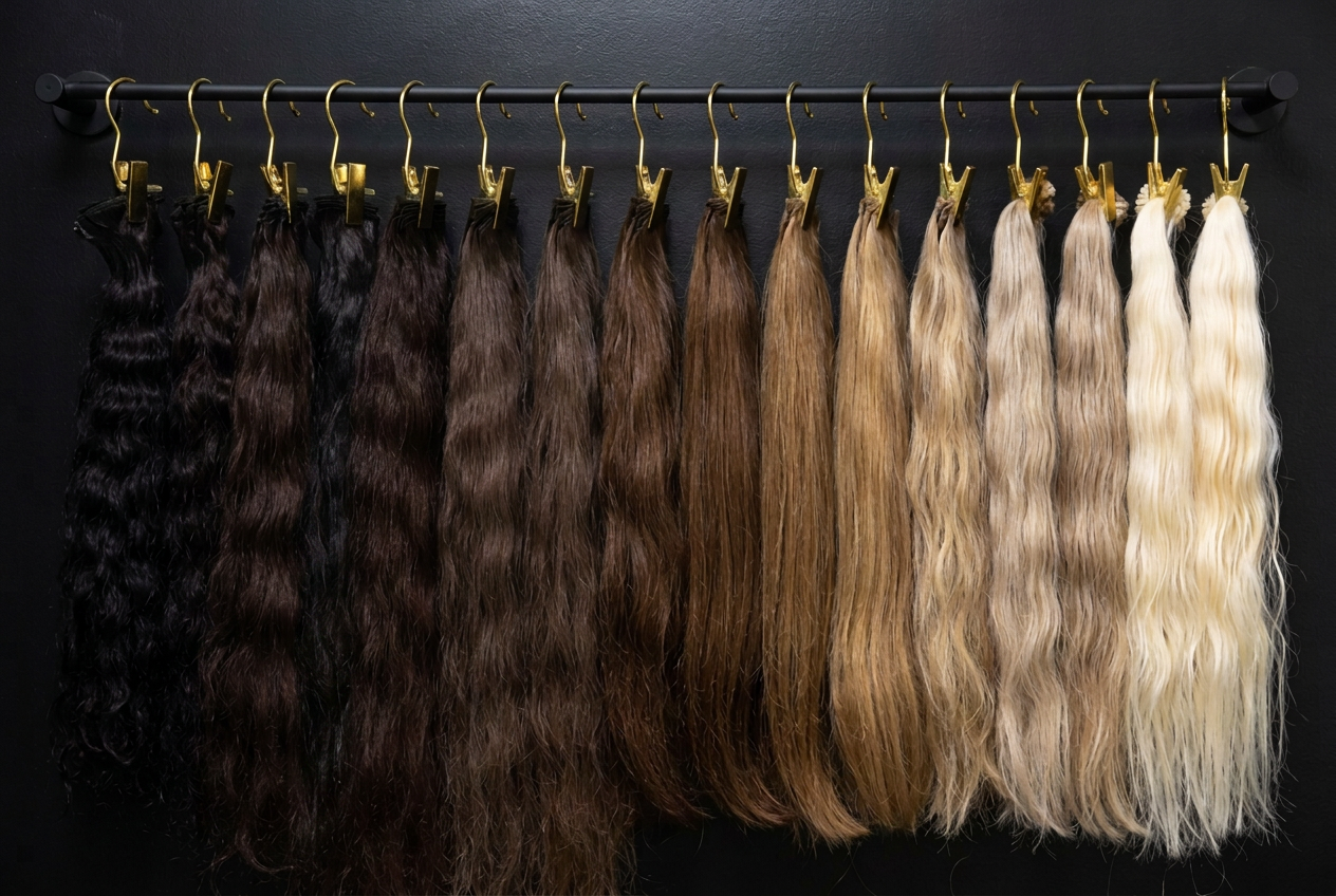 The MANES BY MEDiii collection on the House rack — extension hair on gold clips against a black wall, running from deepest black and brunette through the blondes to platinum