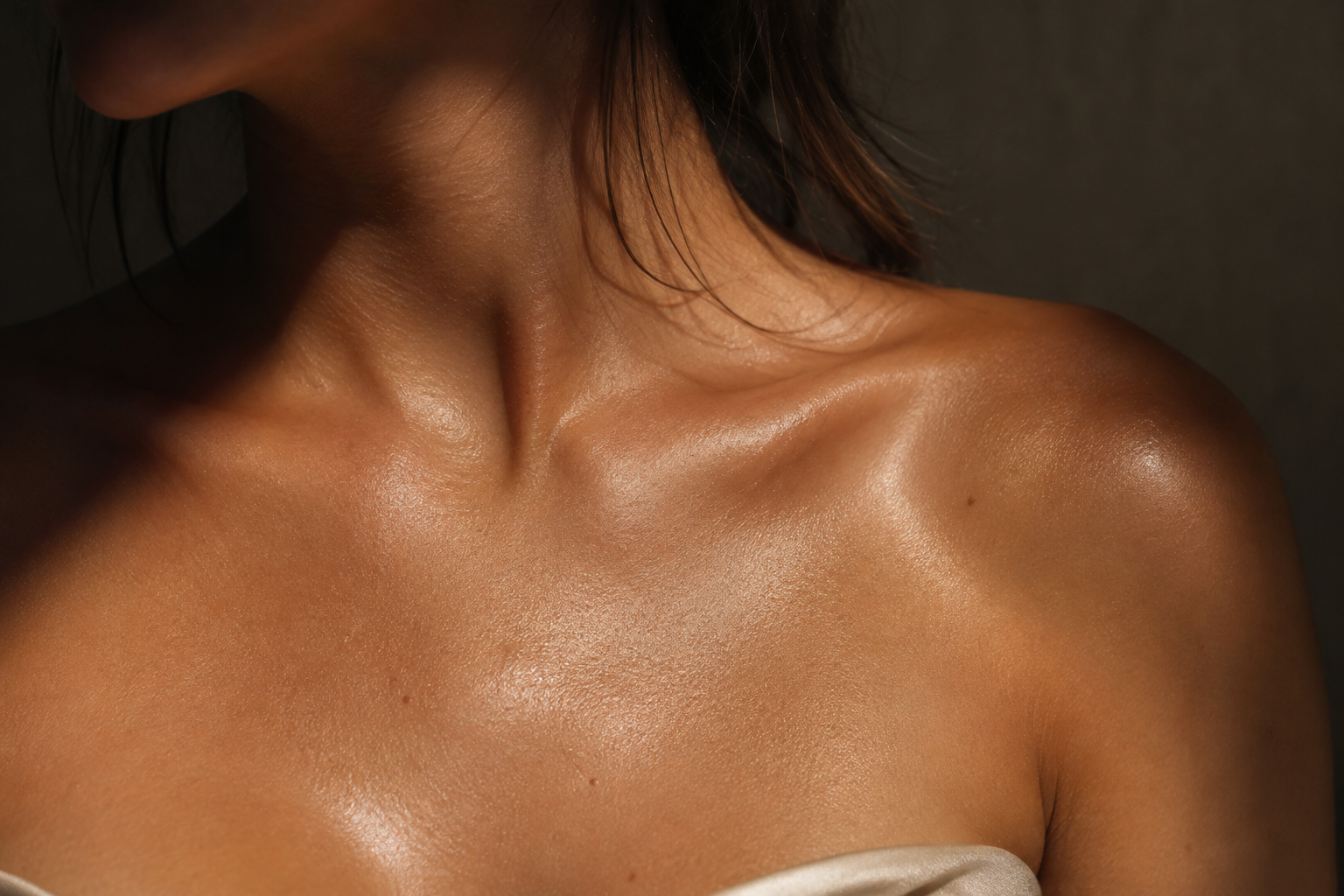 Extreme close-up of hydrated bronze skin across a shoulder and collarbone