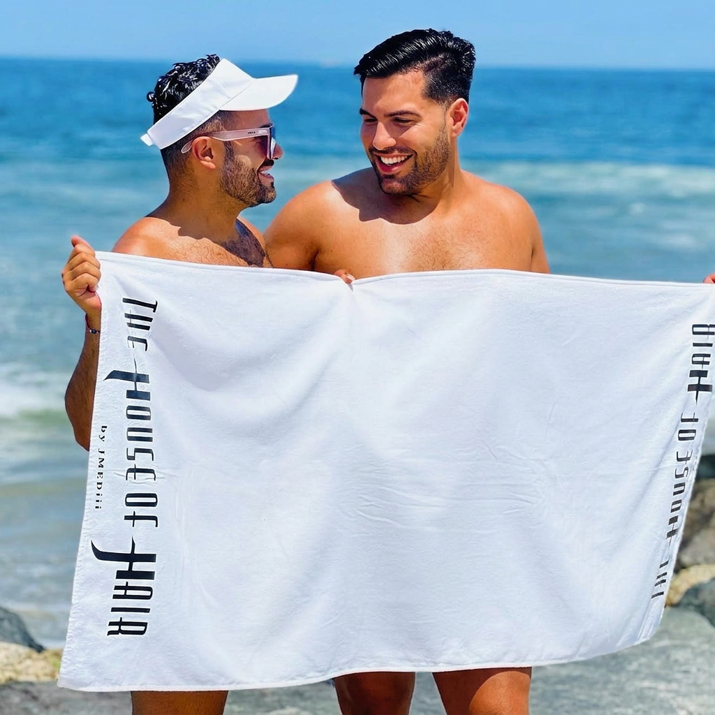 Two men laughing together on the shore behind a House of Hair towel, warm bronzed skin