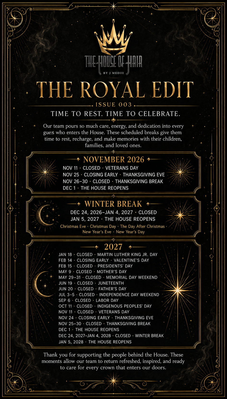The Royal Edit Issue 003 tarot-style salon closure calendar for The House of Hair by JMEDiii, listing scheduled closures from November 2026 through January 2028.