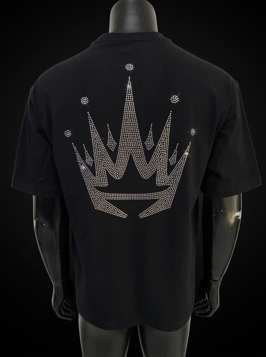 Back view of a black MEDiii tee with a rhinestone crown graphic