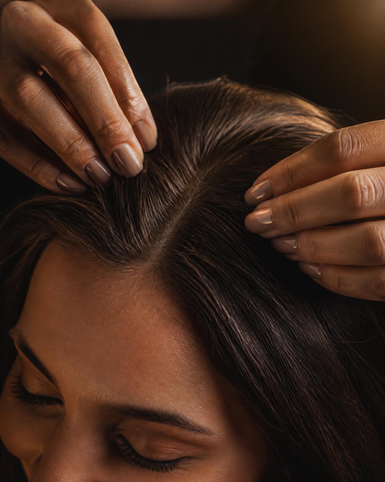 A stylist blending a fine lace hair topper seamlessly into a client's natural parting at the crown